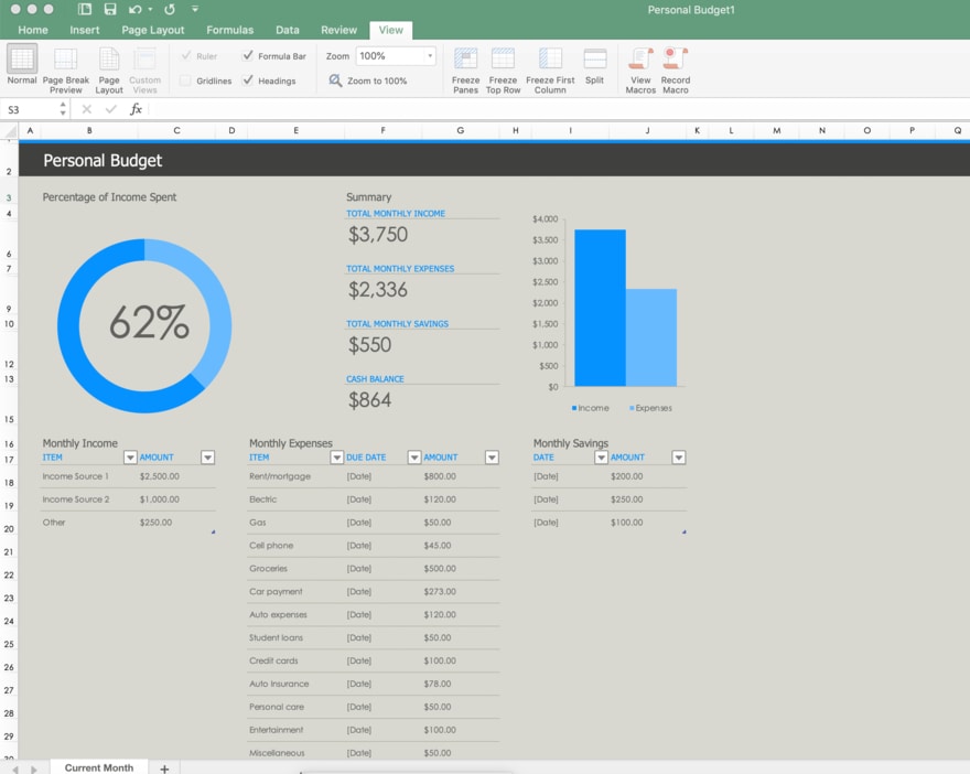 A screenshot of a Personal Budget premade template in Microsoft Excel | Investment U