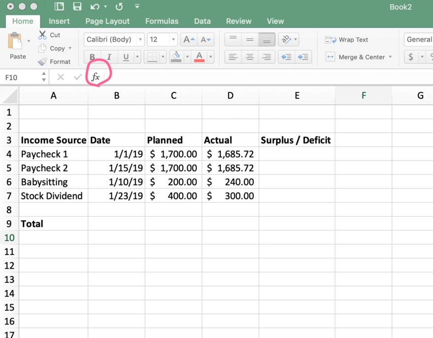 A budget with fake data in Excel with the formula builder circled in red | Investment U 