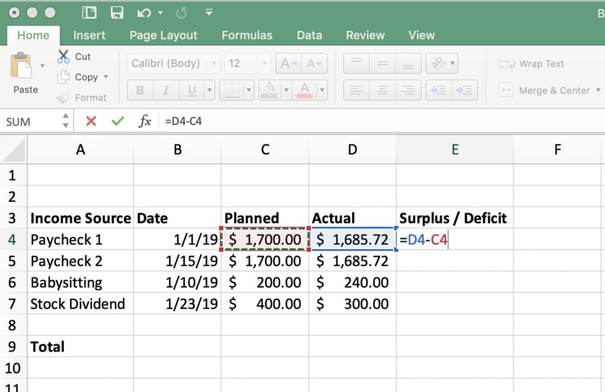 Cell C4 is subtracted from cell D4 using a sum formula