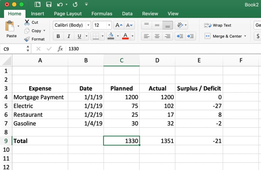 The expense side using autosum formulas