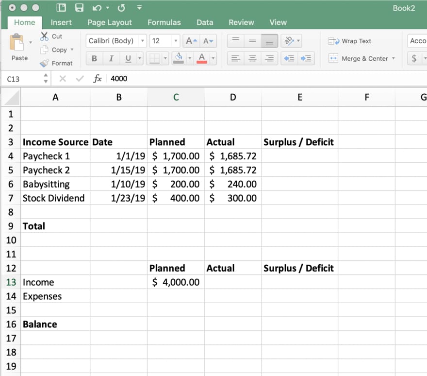 Total rows for income, expenses, and balance