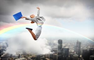 A business man flying through a rainbow because he knows how to achieve financial freedom